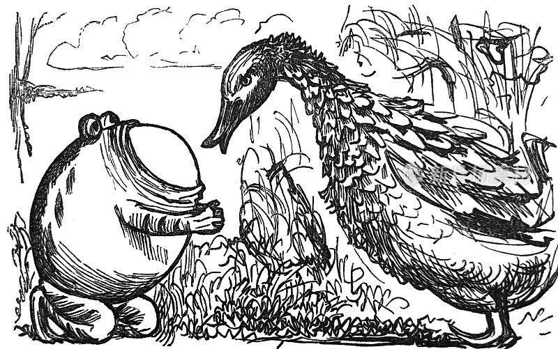 英国讽刺漫画漫画插图-鸭子看着一只嘴里叼着一个大鸭蛋的青蛙
