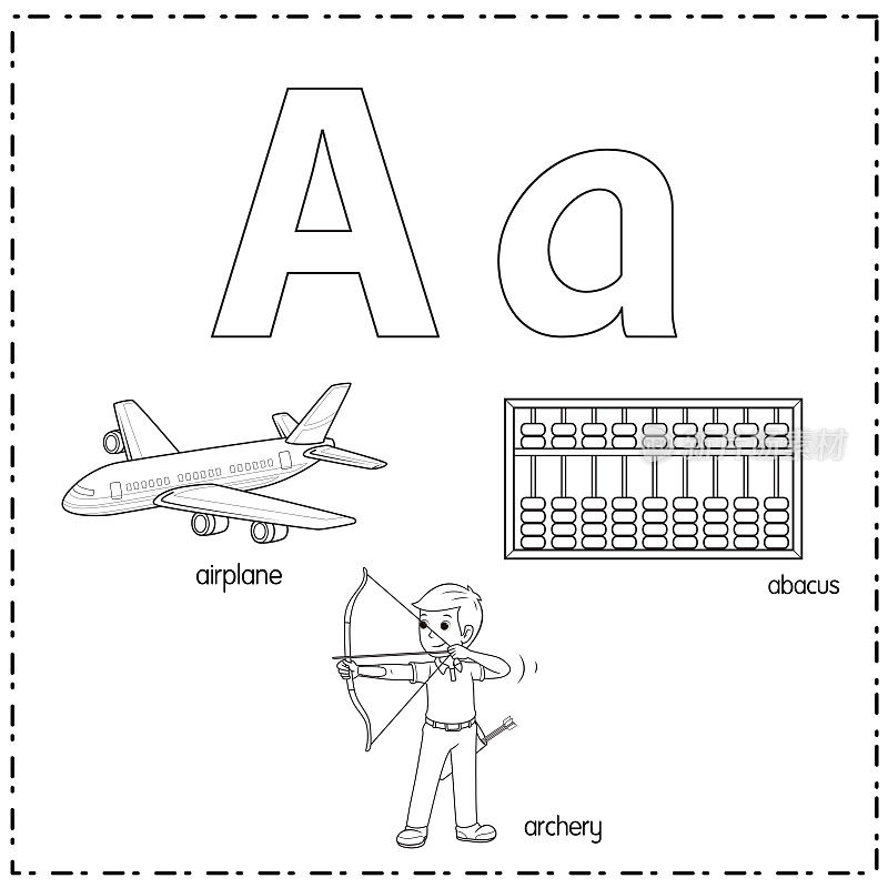 向量插图学习字母A的小写和大写的儿童与3卡通图像。飞机射箭Abacus。