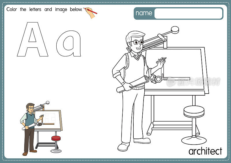 矢量插图的儿童字母着色书页与概述剪贴画，以颜色。字母A代表建筑师。