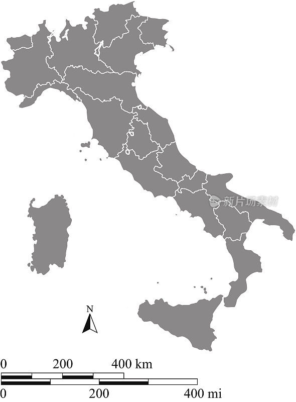 意大利地图轮廓矢量与英里和公里的比例尺