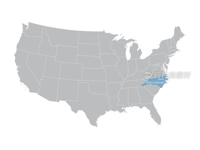 标明北卡罗来纳州的美国地图