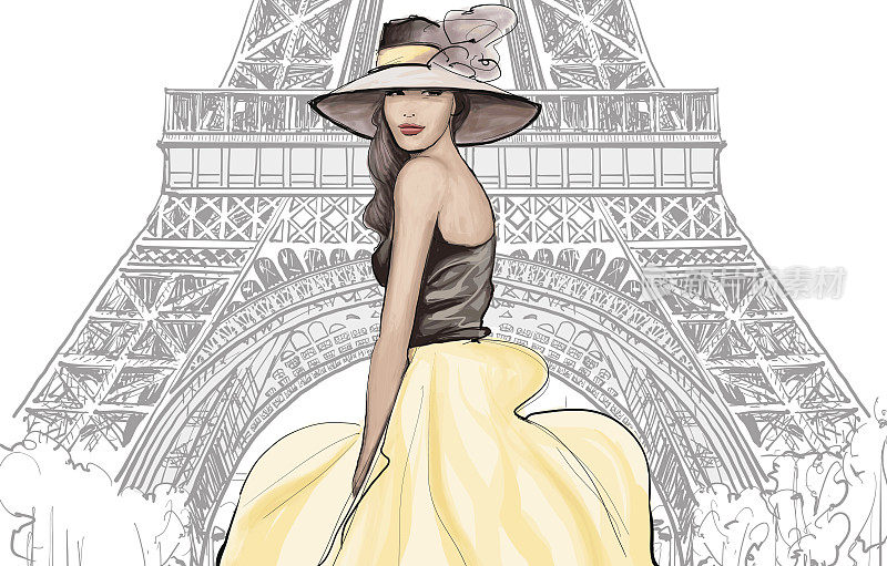 年轻漂亮的时装模特戴着帽子在巴黎