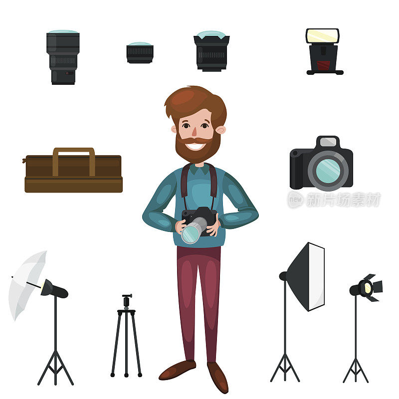 矢量摄影师字符网络图标与相机，三脚架，照明，设备。
