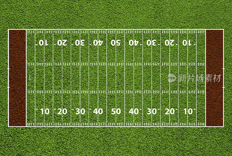 美式足球场，有标记和码线。
