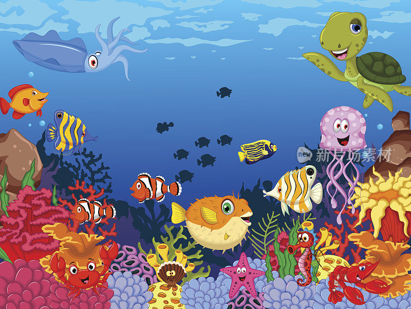 以海洋生物为背景的有趣的海洋动物卡通