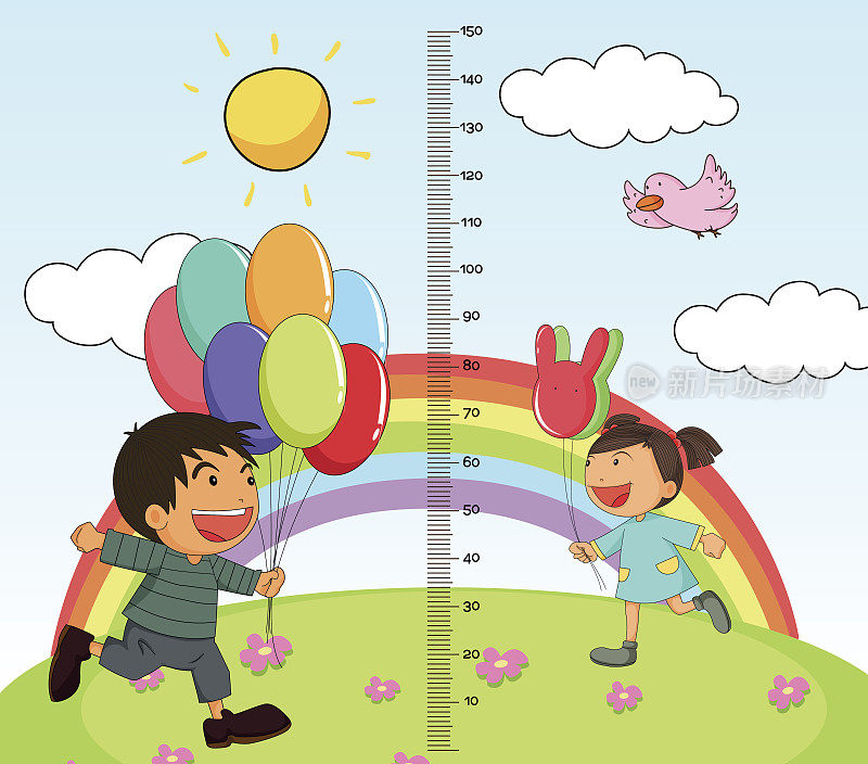 公园里男孩和女孩的生长测量表