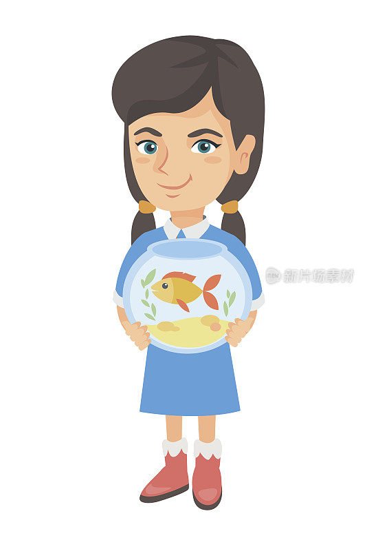 一个白种女孩抱着一个养金鱼的鱼缸