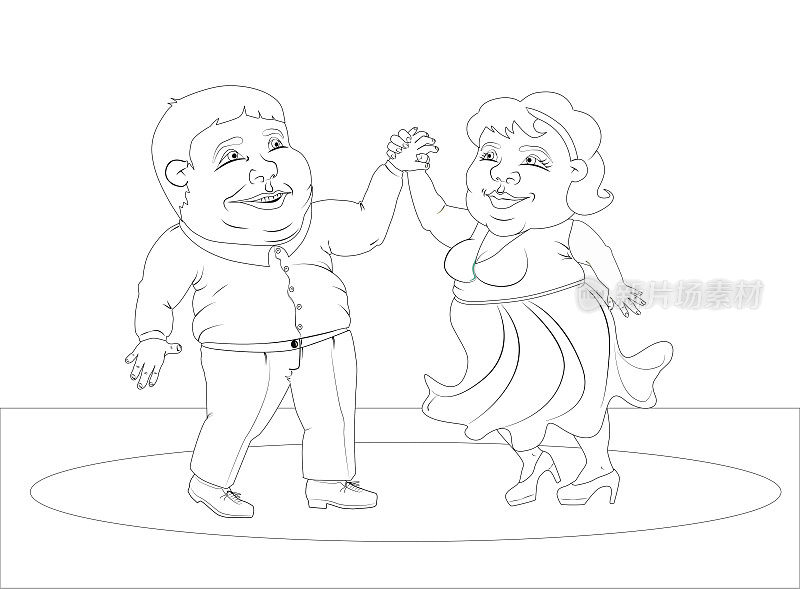 胖人在美丽的服装跳舞交际舞夫妇-黑白图像