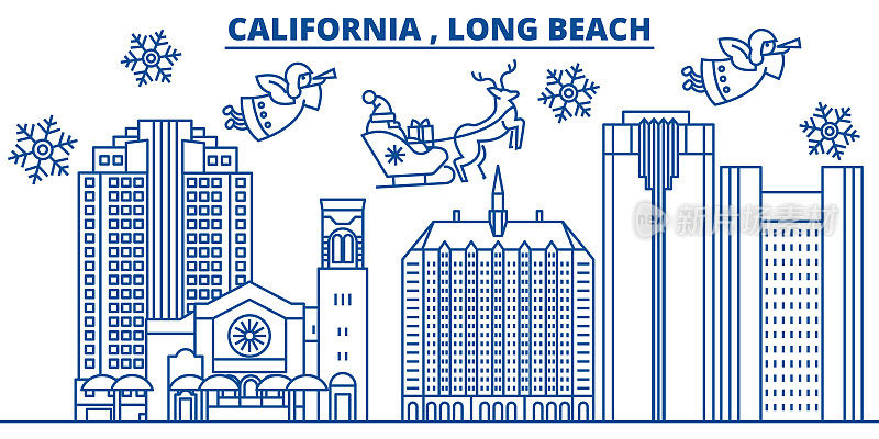 美国加州长滩冬季城市天际线。圣诞快乐，新年快乐的横幅装饰。冬天的贺卡上有雪花和圣诞老人。平,行向量。线性圣诞插图