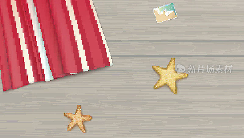 俯视图，毛巾，沙滩垫躺在一个轻木制背景附近的海星和照片