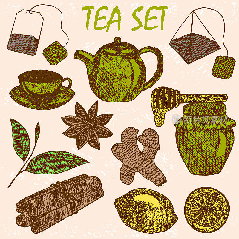 手绘茶文化物品。茶壶，柠檬，肉桂，蜂蜜，茶叶，姜，茶包。