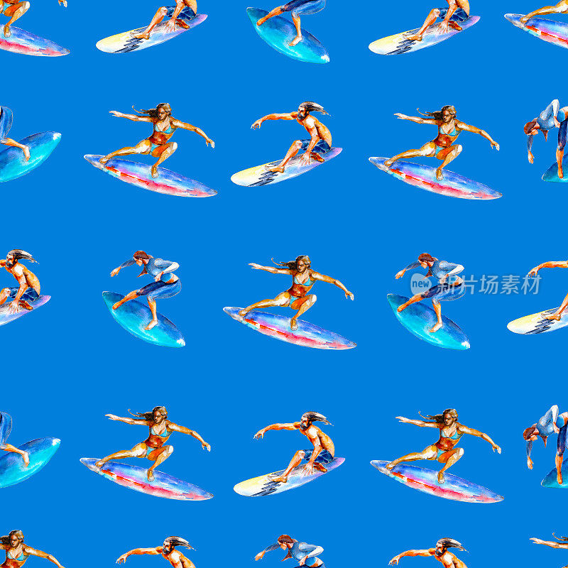 水彩无缝模式与冲浪者的蓝色背景，明亮的手绘夏季背景。