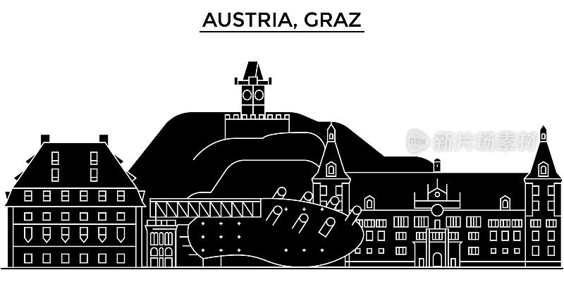 奥地利，格拉茨建筑向量城市天际线，旅游城市景观与地标，建筑，孤立的景观背景