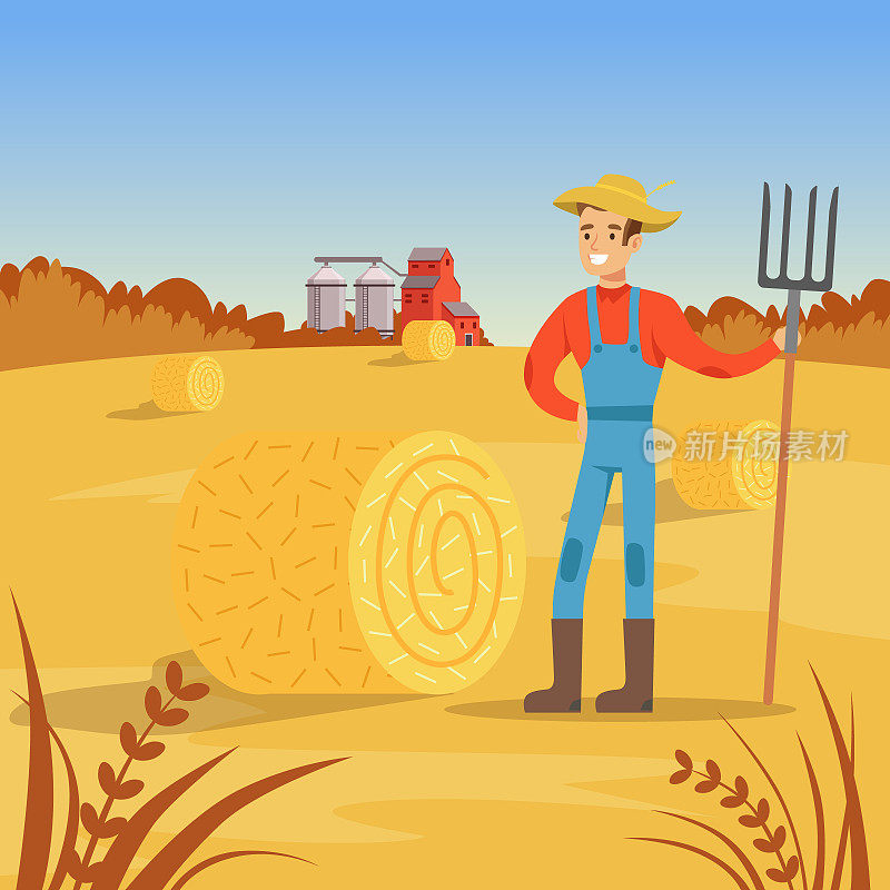 农人站在干草捆附近，农事与农事，乡村景观矢量插图