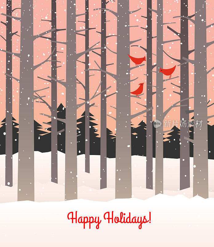 冬天的树林里飘着雪花，还有红雀。粉红色背景上的高大光秃秃的树木。