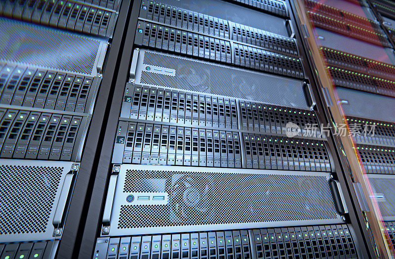 网络服务器室配有计算机，用于数字电视IP通信和互联网，3d渲染。