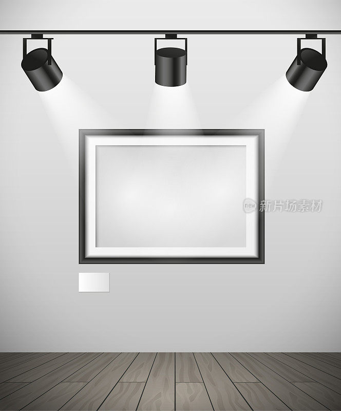 向量现实的黑色空画框挂在画廊与聚光灯在建设模型