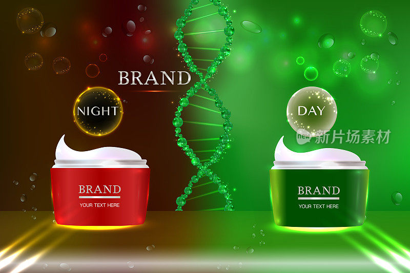 化妆品容器与广告背景随时可用，日夜护肤广告。