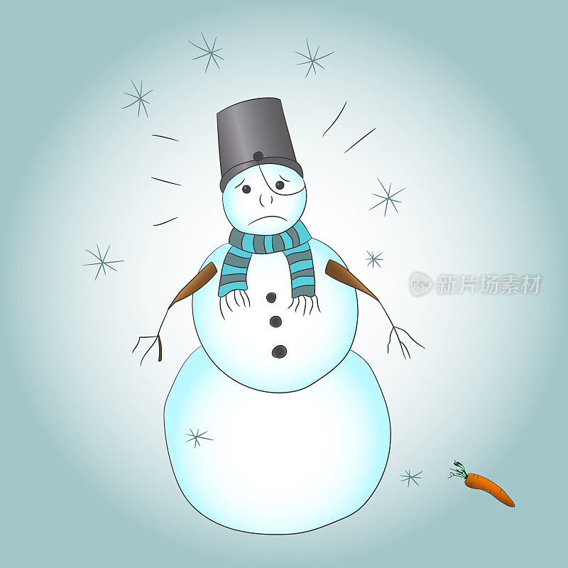 这是一个失去鼻子胡萝卜的雪人的手画。圣诞主题插画。矢量图形
