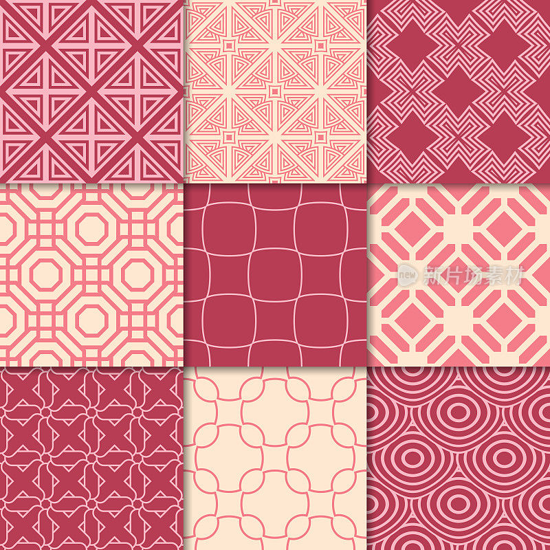 樱桃红和米色几何饰品。无缝模式的集合