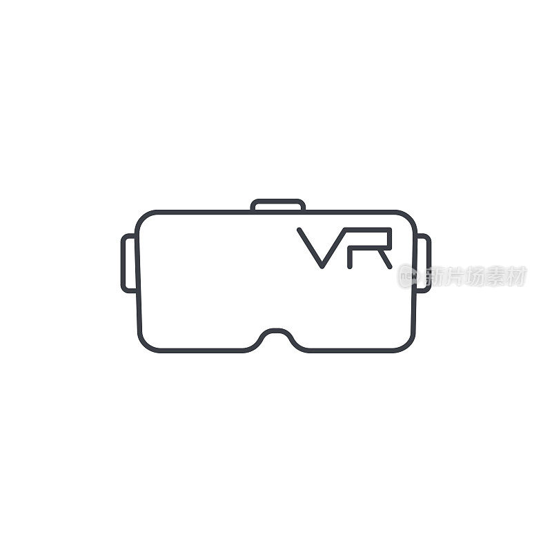VR眼镜、护目镜、虚拟现实360细线图标。线性向量符号