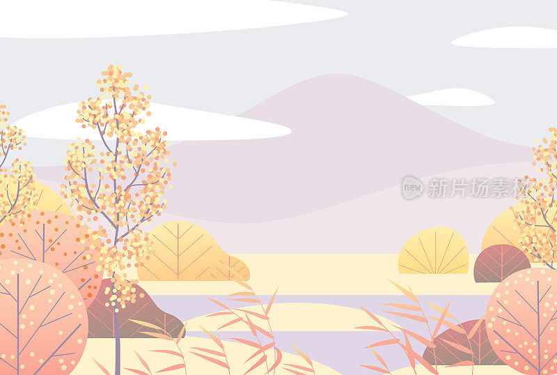 简单的秋天景观与黄树和灌木