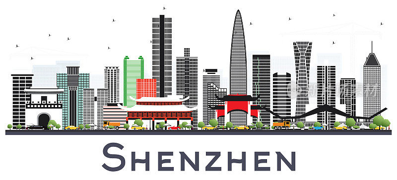 中国深圳城市天际线与彩色建筑隔离在白色。