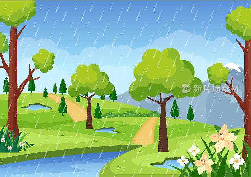 暴雨背景矢量插图在雨天与风景城市景观或公园和空的公共场所与水坑横幅或海报
