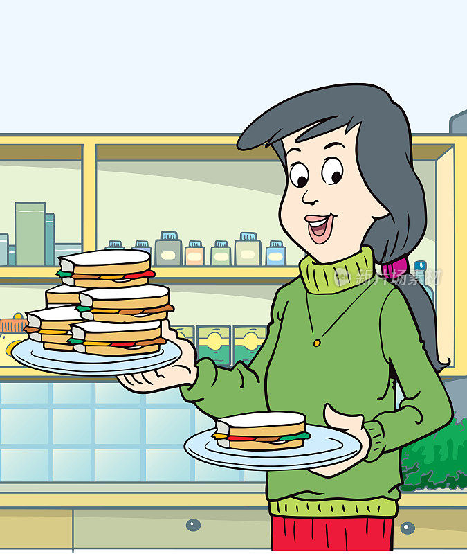 一个快乐的女人准备三明治的插图