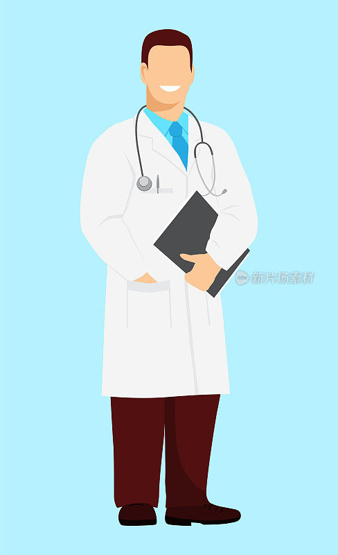 身穿白大褂的男医生微笑着站在那里，手里拿着一个文件夹。他脖子上有个听诊器。