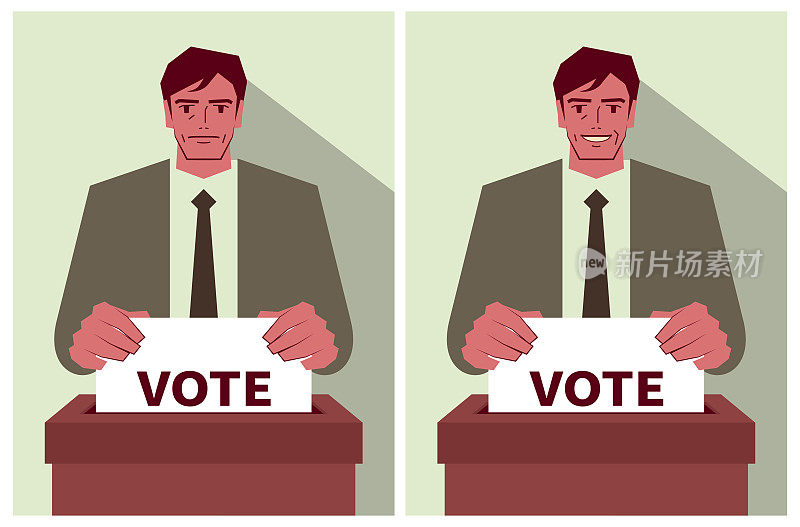 在选举期间，穿着西装的中年男子(投票人)带着两种不同的情绪在投票点投下了一票