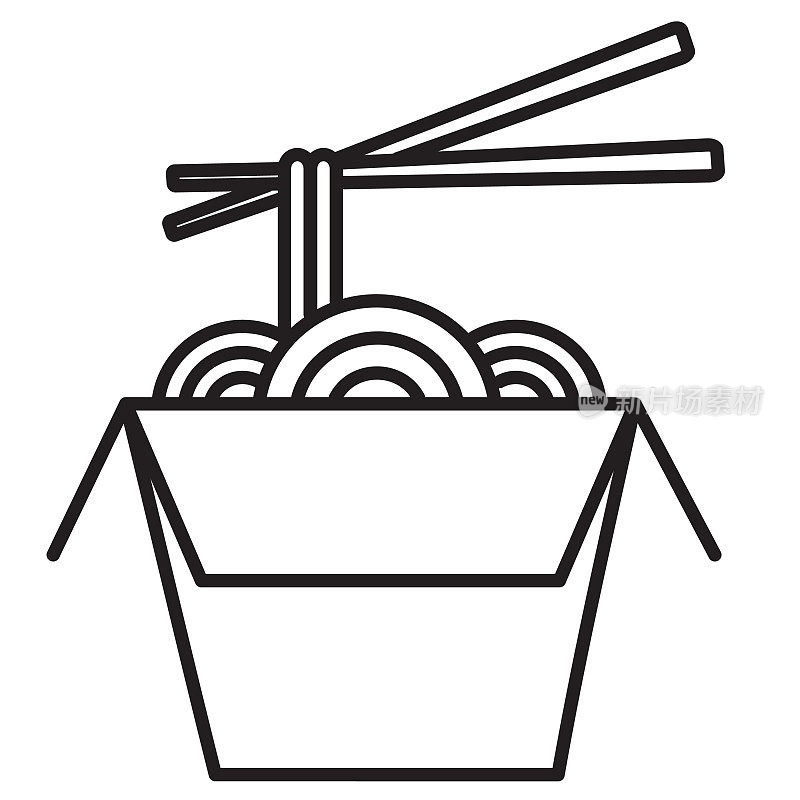 中餐外卖盒与面条和筷子细线图标设置可编辑stroke