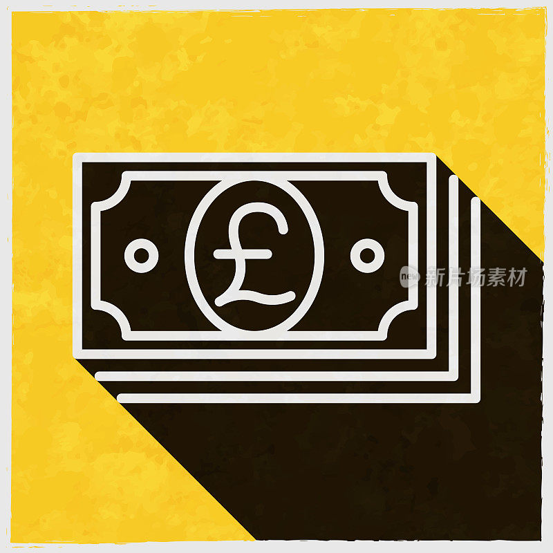 英镑的钞票。图标与长阴影的纹理黄色背景