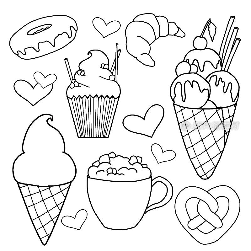 儿童涂色书，糖果，羊角面包，冰淇淋，甜甜圈，饮料杯，纸杯蛋糕，冰淇淋蛋卷，心形