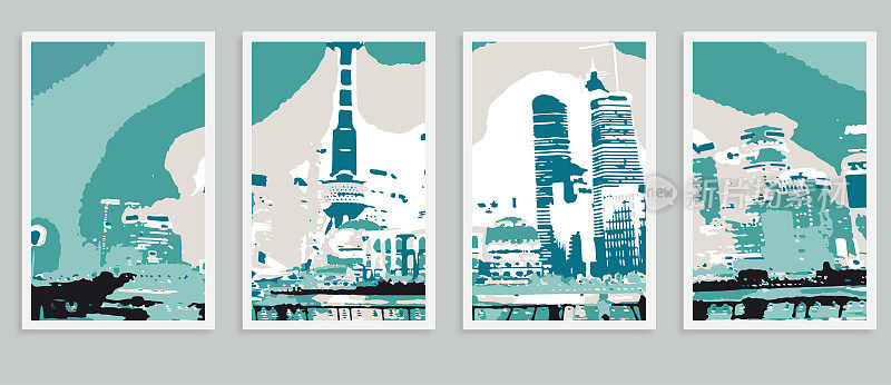 矢量上海城市外滩天际线场景木刻风格的图案明信片插图横幅背景