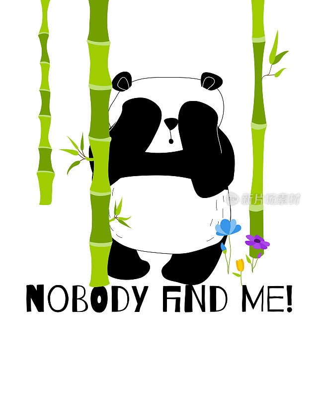 可爱又有趣的熊猫躲在竹林卡片里。涂鸦手绘风格。