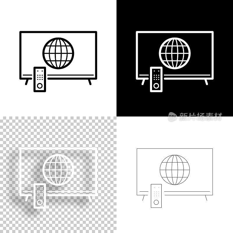 与全球电视。图标设计。空白，白色和黑色背景-线图标