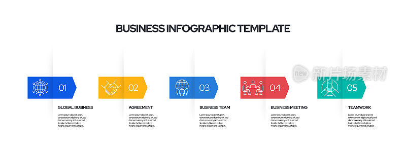商业概念矢量线信息图形设计与图标。5选项或步骤的介绍，横幅，工作流程布局，流程图等。