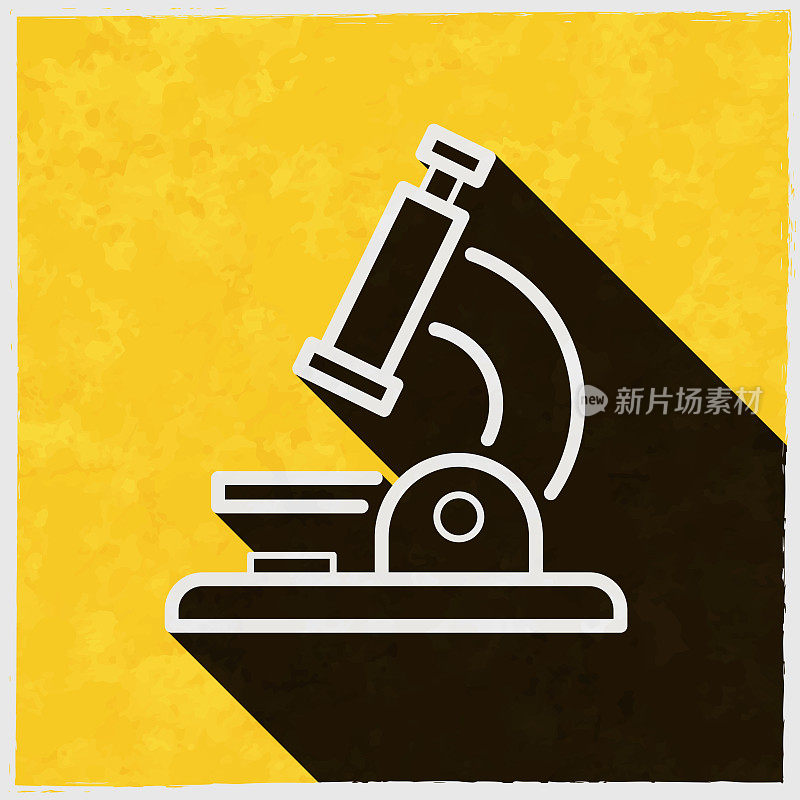 显微镜。图标与长阴影的纹理黄色背景