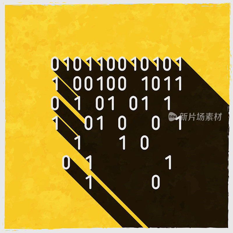 二进制代码。图标与长阴影的纹理黄色背景