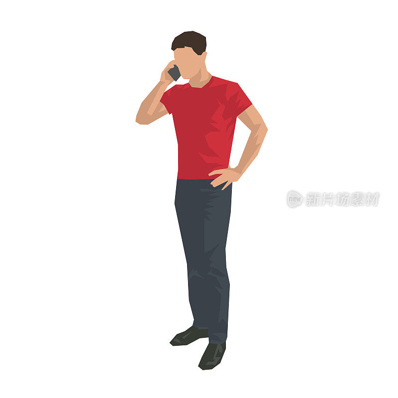男人打电话用手机，平面设计插图。一个穿红衬衫的成年男子站着和别人说话。孤立几何向量绘制