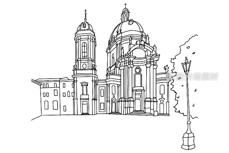 乌克兰利沃夫的多米尼加教堂和修道院的矢量草图。