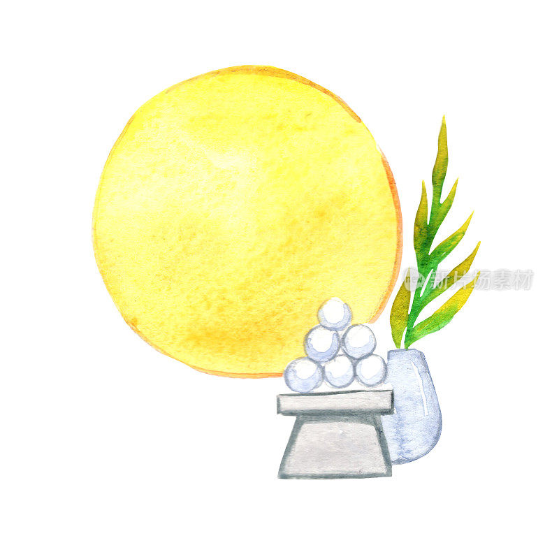 月饼或糯米与圆月水彩盘甜点甜中秋节和年中节日。