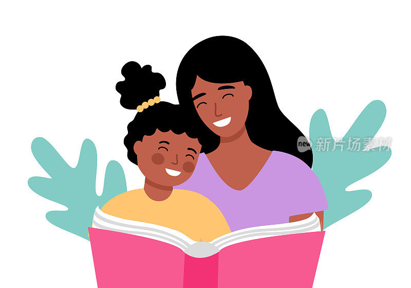 非洲母亲和女儿一起在白色背景平面设计读书。
