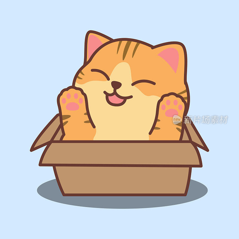 有趣的橙色猫在盒子卡通，矢量插图