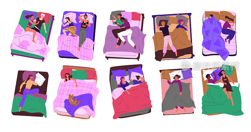 女人和夫妻在坏。睡觉的角色俯视图。幸福的人们独自入睡或夫妻在毯子上用毯子和枕头，深梦。夜间休息。矢量卡通平面套装