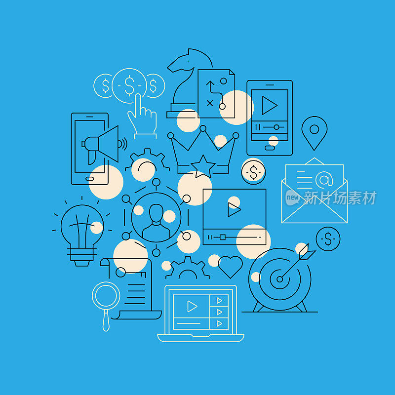 视频营销相关设计元素。使用大纲图标的模式设计。色彩斑斓的矢量图
