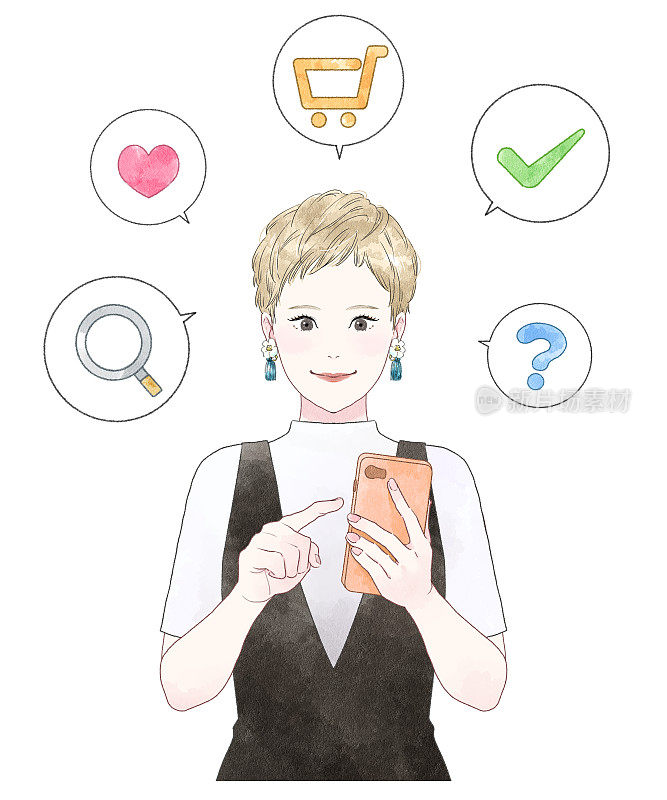 水彩画风格的插画，一个女人在操作智能手机。