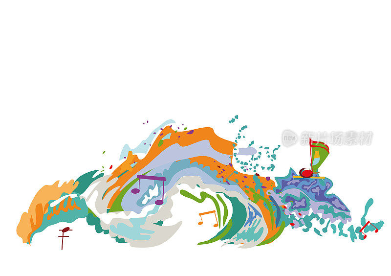 抽象的音乐设计与高音谱号和彩色的飞溅，音符和波浪。色彩鲜艳的高音谱号。