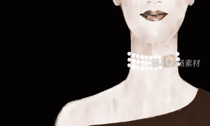 黑白肖像的一个女人与珍珠项链在黑暗的背景